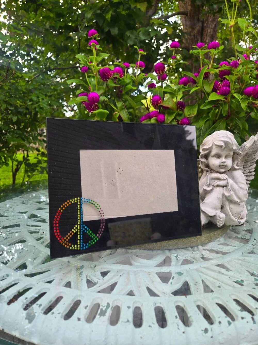 Retro y2k Rainbow Rhinestone Peace Sign Photo Frame - Glossy Black Glass